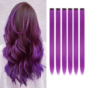 Extensiones de Cabello con Clip, 6 Piezas/Paquete, Reflejos de Colores para Fiesta, 22 Pulgadas, Multicolor, Cabello Liso Sintético, Morado y Rosa - Product Image 1