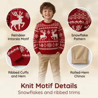 Pull de Noël en tricot pour garçons, motif renne et flocon de neige Fair Isle, à manches longues, bordure côtelée, pull de fête pour enfants, pull rouge