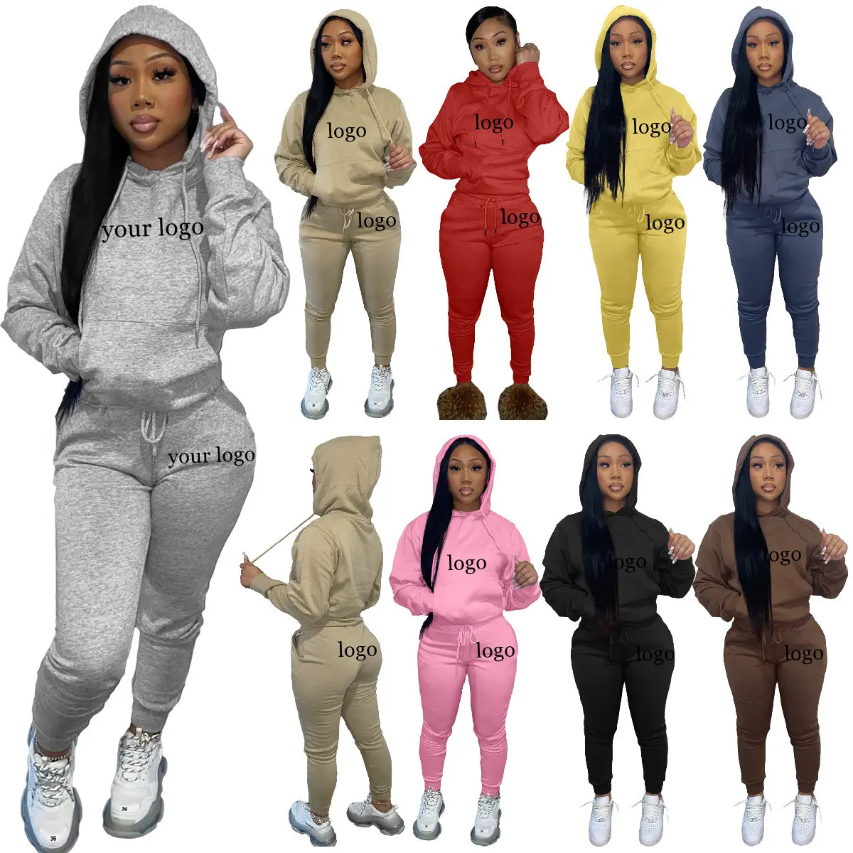 M175 Winter wear fleece thicken hoodies jogging suits ladies wholesale custom logo women 2 piece sweatsuit set tracksuit
