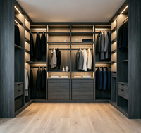 Dressing sur mesure en forme de U, armoire intégrée en bois foncé avec éclairage LED, meuble de rangement pour dressing