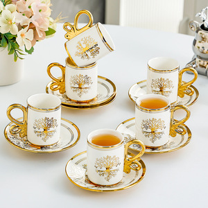 Ensemble de tasses à café Haiqi en céramique avec motif d'arbre doré, ensemble de 6 pièces pour le thé de l'après-midi, utilisation domestique - Product Image 1