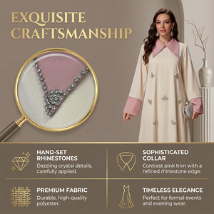 Abaya musulmane pour femmes avec col contrastant, longueur intégrale, ornée de strass, marque privée - Product Image 2