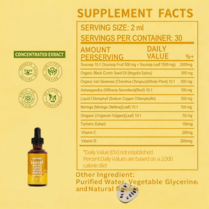 Marque Blanche Gouttes Liquides Détoxifiantes 10-en-1 à base de Corossol, Mousse de Mer, Moringa, Curcuma, Ashwagandha pour le Bien-être Quotidien - Product Image 2