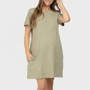 Side Pocket Short Sleeve O Neck Mini Maternity Dresses Cotton