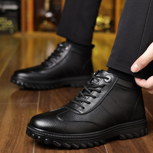 Bottes d'hiver en cuir doublées de polaire pour hommes, noires, à lacets, à semelle épaisse, imperméables, chaudes, chaussures décontractées pour la chasse en plein air - Product Image 3