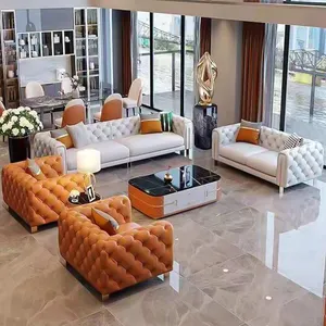 现代风格客厅家具切斯特菲尔德沙发套装白色纽扣簇绒真皮切斯特菲尔德沙发