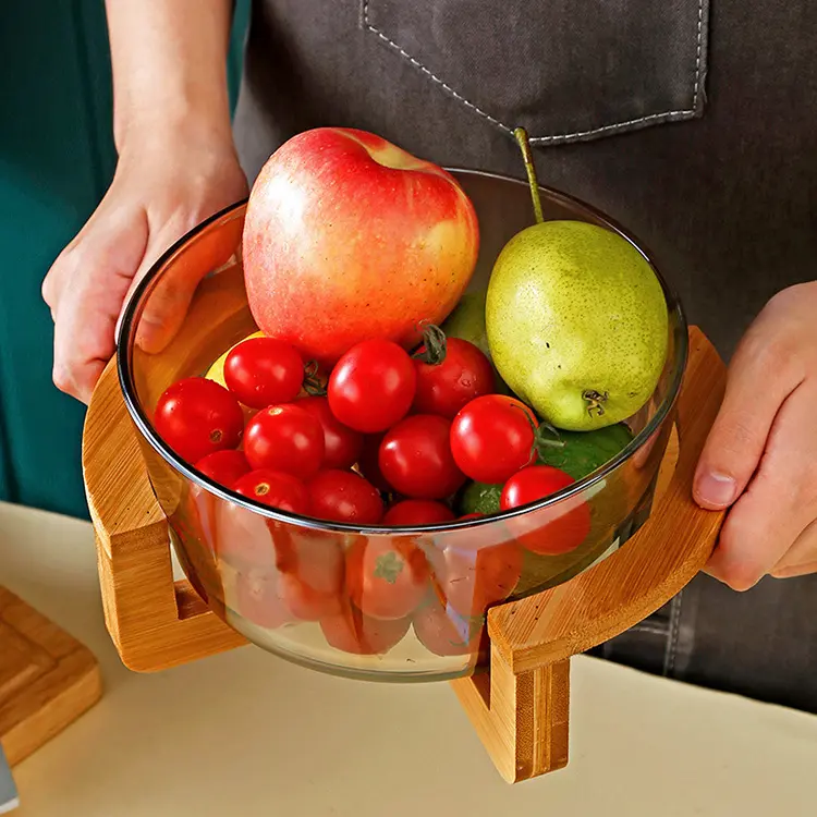 Beliebtes Küchenutensil durchsichtige Salatschalen dekorative Fruchtschale Glasmischsalatschüssel mit Holzständer