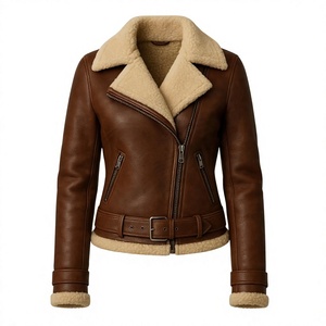 Veste aviateur en cuir d'agneau pour femme, veste bomber en fourrure marron, veste de motard en cuir véritable, coupe-vent, veste d'extérieur pour l'hiver - Product Image 3