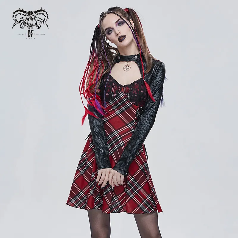 SKT138 black and red punk girls lace appliqued Scottish plaid halter dress with pentagram pendant