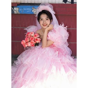 Pink Princess Ball Gown Empire Waist Sweetheart Neckline Multi Tiered Cake Skirt Wedding Dress For Travel Photography - Product Image 4