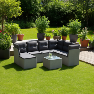 Conjunto de Sofás Modulares de Jardín en Poliratán Gris, 6 Plazas, Muebles de Exterior de Diseño Contemporáneo - Product Image 3