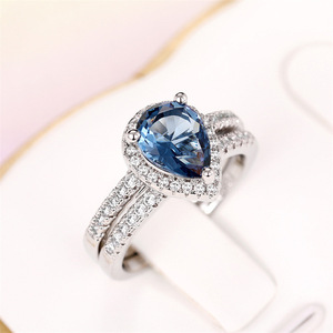 Set di anelli con zirconi blu scuro a forma di pera per donna, eleganti gioielli alla moda a forma di goccia - Product Image 1