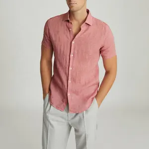 简单休闲修身粉色短袖衬衫前扣100% 亚麻男式衬衫