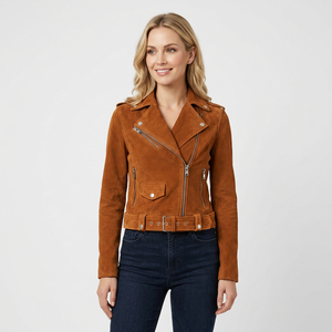 Wholesale Winter Genuine Cow Skin <b>Leather</b> Biker <b>Jacket</b> Asymmetrical Zip Belted Waist Pattern Button Eco-Friendly Anti-Wrinkle - Product Image 1