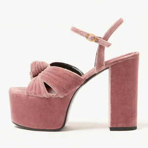 Open Toe <b>High</b> Chunky <b>Heels</b> Women Velvet Bow Knotted Sandals Thick Platform Women's Summer Suede Pumps - Product Image 3