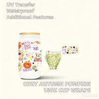 Autocollants de transfert UV imperméables pour gobelets Libbey, motif Automne Chaleureux : Aliments, Feuilles d'automne, Citrouille, 16OZ, Prêts à appliquer