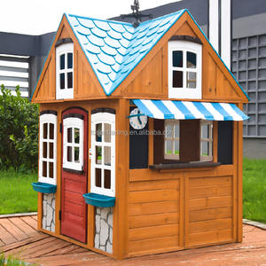 Casita de juegos de madera para exteriores con techo de plástico azul, toldo, ventana de servicio y banco - Cabaña infantil para jardín - Product Image 4