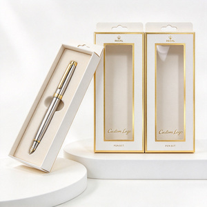 Boîte cadeau rigide de luxe en papier ivoire avec fenêtre transparente en PVC et fenêtre dorée pour stylos-plumes, avec insert en EVA - Product Image 1
