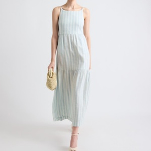 เดรสยาวทรงตรงผ้าลินินผสมแบบไร้แขน เป็นมิตรกับสิ่งแวดล้อม ระบายอากาศได้ดี ไม่ยับ ซักได้ เหมาะสำหรับฤดูร้อน ตกแต่งด้วยผ้าปะติดปะต่อ คอเหลี่ยมสีพื้น - Product Image 1