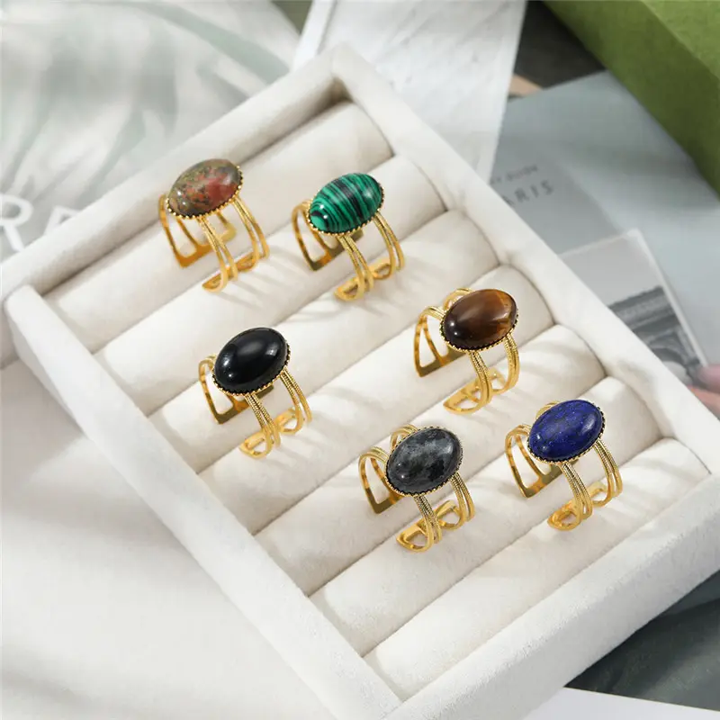 18K Gold Multilayer Malachite Natural Stone Open Ring Stainless Steel Black Onyx Tiger Eye Stone Rings