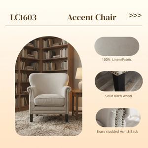 Fauteuil d'appoint moderne à dossier haut avec clous en laiton, rembourrage en coton fait main, pieds en bois massif, dossier capitonné écologique pour chambre et salon - Product Image 5