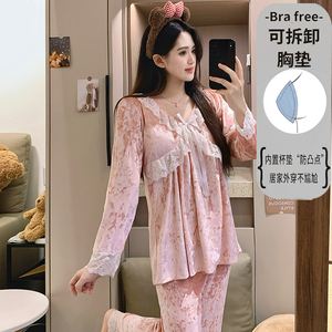 Conjuntos de ropa de dormir B2571 # Pijamas de otoño e invierno Terciopelo dorado para mujer con almohadilla en el pecho Pijamas de color sólido de encaje - Product Image 4