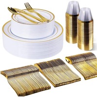 Assiettes jetables pour salade et dessert de 7,5 pouces, bord doré blanc, vaisselle en plastique jetable de qualité supérieure, assiettes de présentation, ensembles de vaisselle