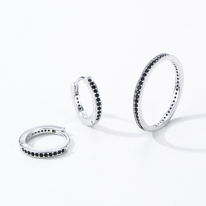 S925 sterling <b>silver</b> exquisite and minimalist black zircon <b>ring</b> and earring <b>set</b>, unique and stylish design - Product Image 1