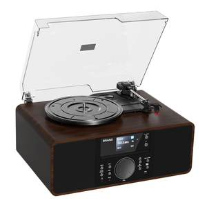 Tourne-disque en bois classique avec lecteur <span class=keywords><strong>CD</strong></span> <span class=keywords><strong>et</strong></span> <span class=keywords><strong>radio</strong></span> FM, haut-parleurs stéréo intégrés <span class=keywords><strong>pour</strong></span> l'écoute à domicile - Product Image 1