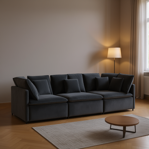 Divano componibile modulare in velluto grigio scuro per soggiorno, design moderno, braccioli quadrati, gambe in metallo, schienale imbottito - Product Image 2