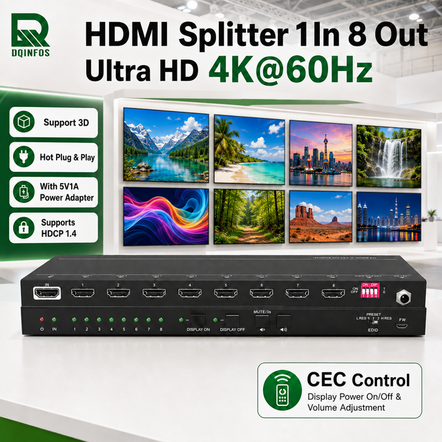 DQINFOS 1x8  Splitter 1 in 8 Out 8 Port Video Distributor 4K60Hz 1080P 3D EDID HDCP 2.3 for Conference Room Exhibition
