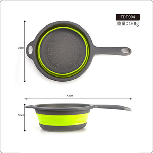 Collapsible <b>Plastic</b> Round <b>Colander</b> Foldable Strainer For Vegetables And Fruit Storage With Handle Gray And Green - Product Image 5