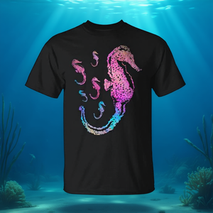 T-shirt coloré en forme de hippocampe, design animal marin, noir, taille adulte unisexe - Product Image 3