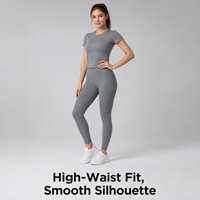 Ensemble T-shirt col rond et Legging taille haute à manches courtes pour femme, personnalisable avec logo, faible MOQ, deux pièces, pour yoga, gym, entraînement, vente en gros