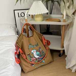 Summer Women Portable Nylon <b>Embroidery</b> Fashion Large Capacity String Closure Shoulder Shopping Bag Below 20 Litre - Product Image 6