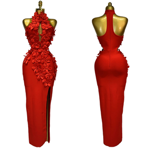 Robe longue de soirée élégante et respirante pour femme, col licou, taille empire, coupe fourreau, avec fleurs et fente haute, pour bal de promo - LIVRAISON RAPIDE - Product Image 1