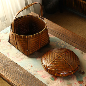 Chinese-style bamboo woven round-mouth small <b>basket</b>, tea set <b>storage</b> <b>basket</b>, picnic bamboo <b>basket</b>, lidless distressed <b>basket</b>, - Product Image 2