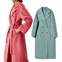 Manteau long en laine vert menthe pour femme, double boutonnage, revers cranté, coupe ample, mi-long, avec poches