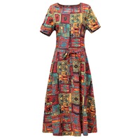Femmes Plus Size Floral Print Dress O-neck Belted Maxi Dress Short Sleeve Nouveau