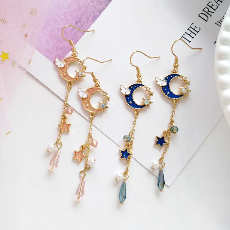 Angel 'S Wing Moon Star Hanger Oorbellen Delicate Parel Ster Kristallen Oorbellen Korea Clip Op Oorbel Accessoires