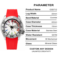Montre de plongée automatique en argent personnalisée pour hommes, bracelet en cuir rouge, aiguilles lumineuses, boîtier en acier inoxydable de 42 mm, verre saphir synthétique