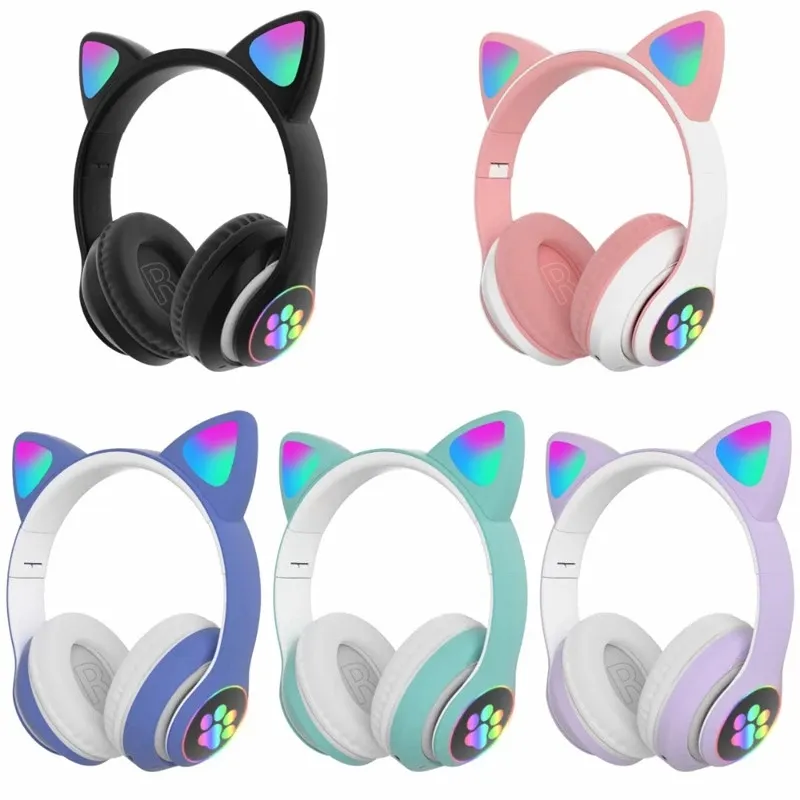 Fone de ouvido sem fio com orelhas de gato, melhor presente, bluetooth 5.0, para crianças e jovens, com fecho de led, conector de 3.5mm e microfone