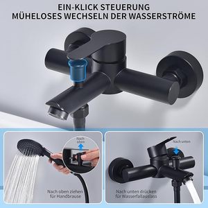 Robinet de bain avec douchette, mitigeur mural noir mat, 2 sorties, mitigeur monocommande avec bec de bain - Product Image 4