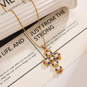 <b>Cross</b> Pendant Necklace 18K Gold Plated Pearl Inlay Adjustable <b>Chain</b> European Style Gift Jewelry - Product Image 1