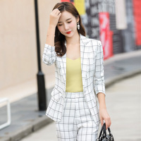 Setelan Jas Bisnis Wanita 2 Potong Bahan Velour Motif Kotak-Kotak Anti Kusut Blazer Satu Kancing Lengan Panjang Celana (Spandex/Poliester Pink Ukuran X-Small)