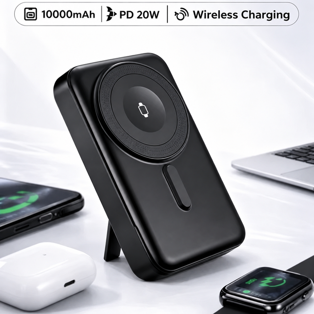 Magnetic Portable Charger Power Bank 10000mAh Wireless Fast Charging PD20W  Foldable Stand Compact Travel Battery Attached Wires