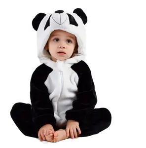 Biumart新生儿男童女童衣服拉链连衫裤批发冬季动物熊猫软法兰绒婴儿连衫裤套装