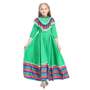 Vestido Largo Mexicano para Niñas, Vestido con Volantes a Rayas de Arcoíris, Disfraz de Halloween para Niños, Disfraz de Película de Televisión, Disfraz de Festival - Product Image 3