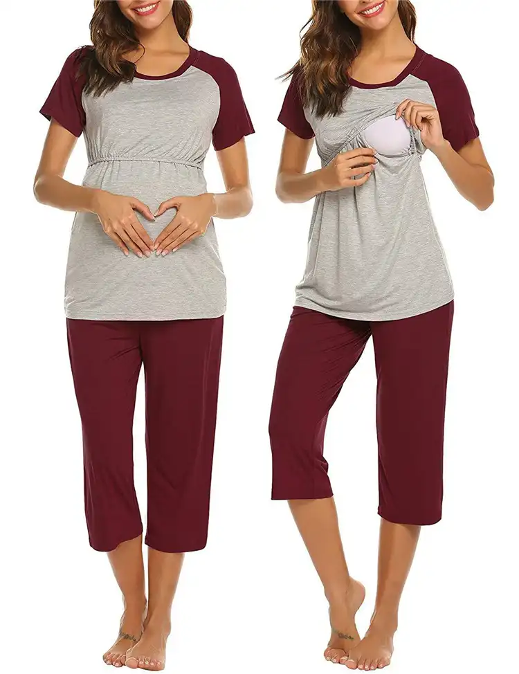Amazon sıcak satış kadın yaz giyim gebelik gecelik hemşirelik T shirt şort pamuk analık pijama