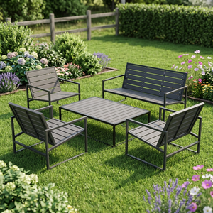 Modern Outdoor Garden Set with Steel Frame <b>and</b> PS Slats 4 Seater Weather Resistant Patio Furniture, 1 <b>table</b> 2 <b>Chairs</b> <b>and</b> <b>bench</b> - Product Image 6